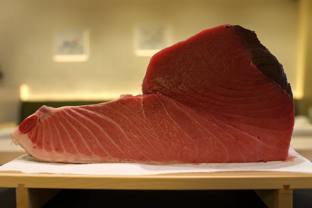 A side of bluefin tuna standing on a hinoki board, the grain running the length of the loin