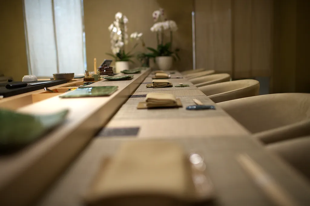 Place settings running down the counter