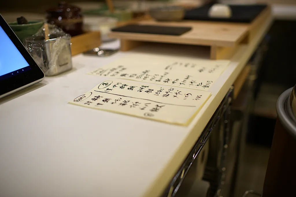 A handwritten menu lying on the counter