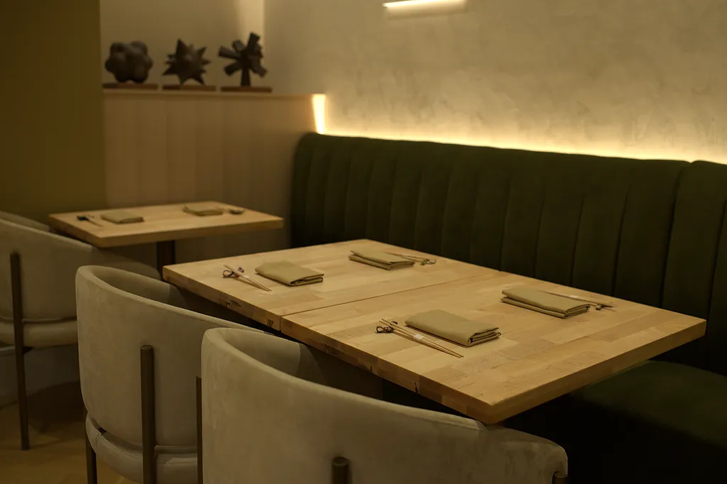 Hinoki table against the green velvet banquette